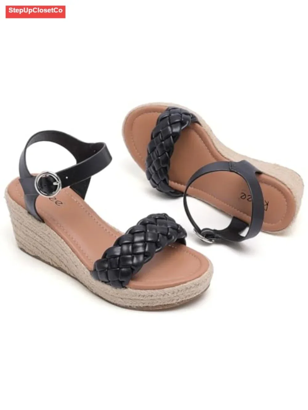 Wide Width Espadrille Wedge Sandals with Ankle Strap, Faux Leather